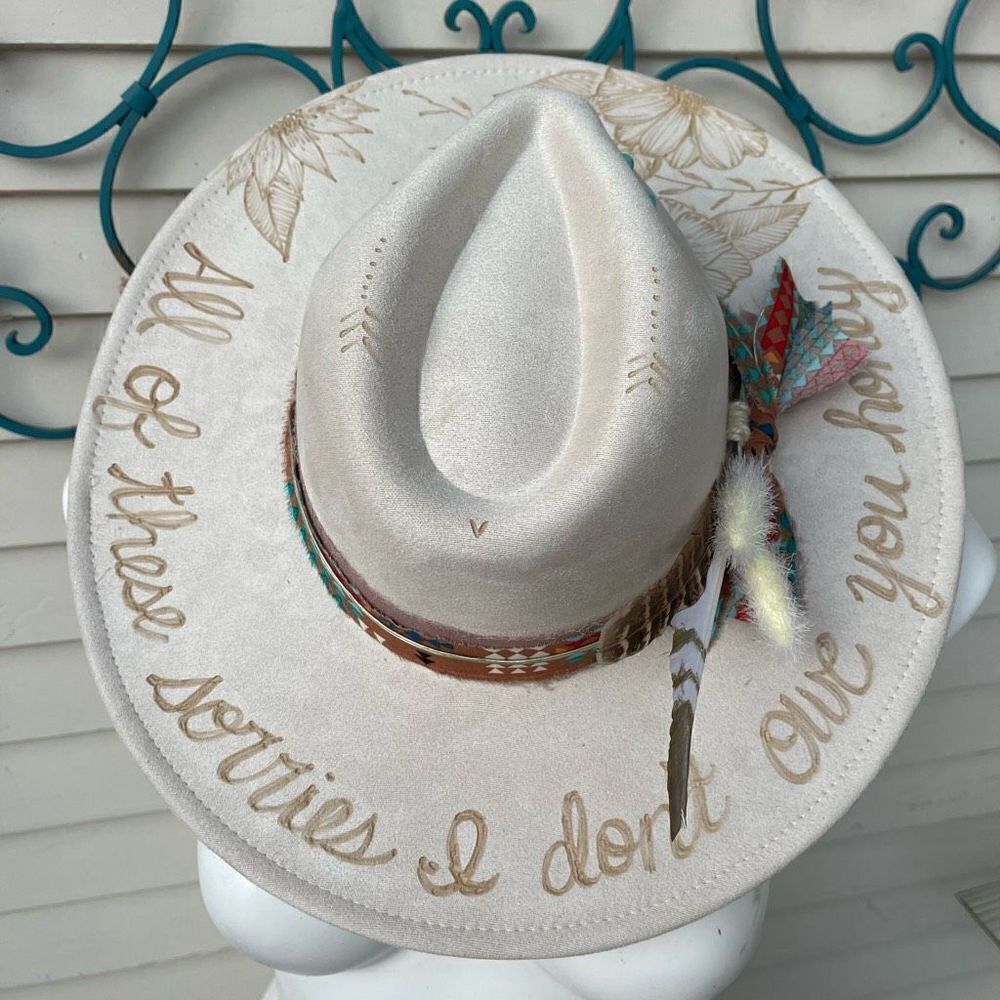 Hand Burned Hat | Wide Brim Hat | Branded Hat | wildflowers faux suede hat | All